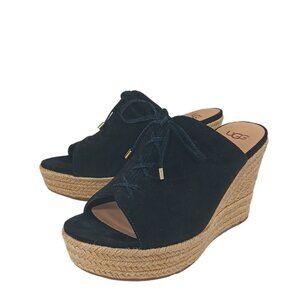UGG Giorgia Wedge Sandals Womens 9 Black Suede Lace-Up Platform Espadrille Mules